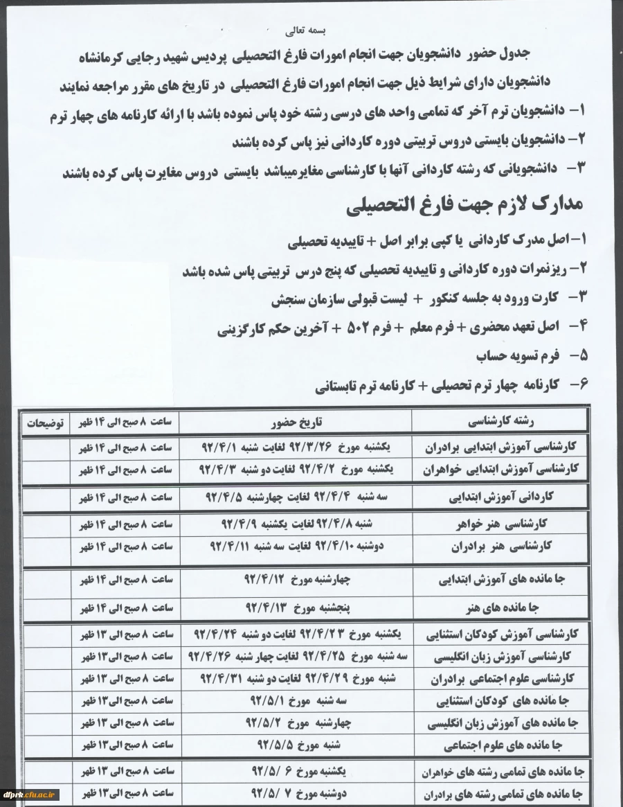 اطلاعیه امور فارغ التحصیلان
