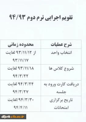 تقویم اجرایی ترم دوم 93/94