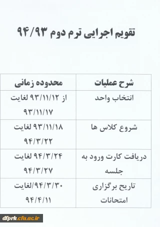 تقویم اجرایی ترم دوم 93/94