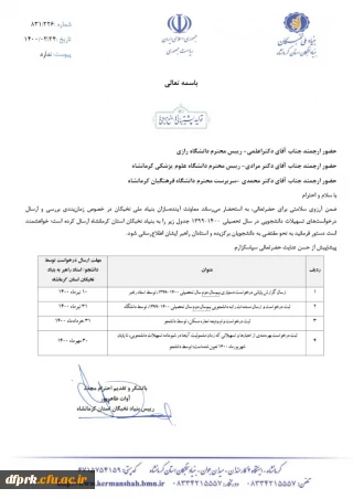 زمانبندی بررسی و ارسال درخواست تسهیلات دانشجویی و استادان راهبر برگزیده سال 1400-1399 توسط معاونت آینده سازان بنیاد نخبگان 