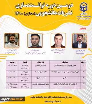 کارگاه های آموزشی حقوق و قوانین نشریات دانشگاهی، ابزارهای جدید رسانه ای در مدیریت اراده ها، عکاسی، گرافیک و کار با نرم افزارهای گرافیکی 